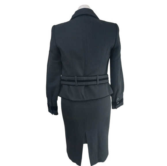 Zara Black Wool Blend Skirt Suit Belted Jacket Velvet Trim Sz Small - Picture 4 of 10